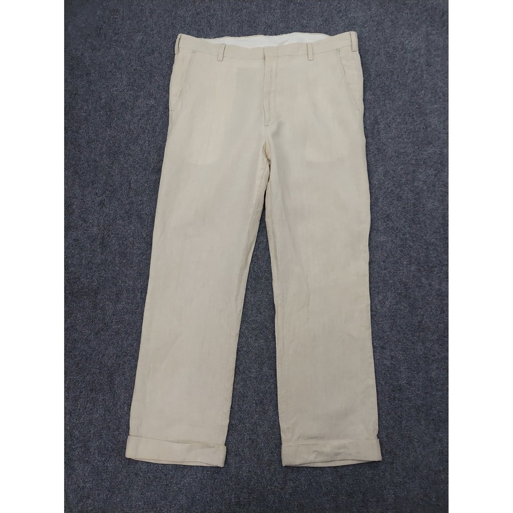 J Press Linen Pants 38x30 Beige Flat Front  Cuffed Designer Dress Beach Wedding